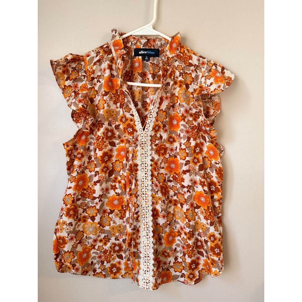 Alice Blue Womens Size M Floral Print Boho‎ V Neck Flutter Sleeve Blouse Girlie